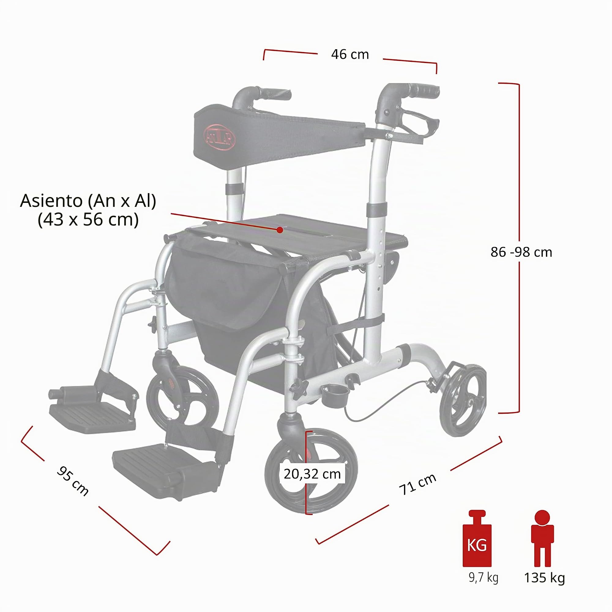 Antar AT51005 Aluminio Transportes Andador 9.80 kg, Negro
