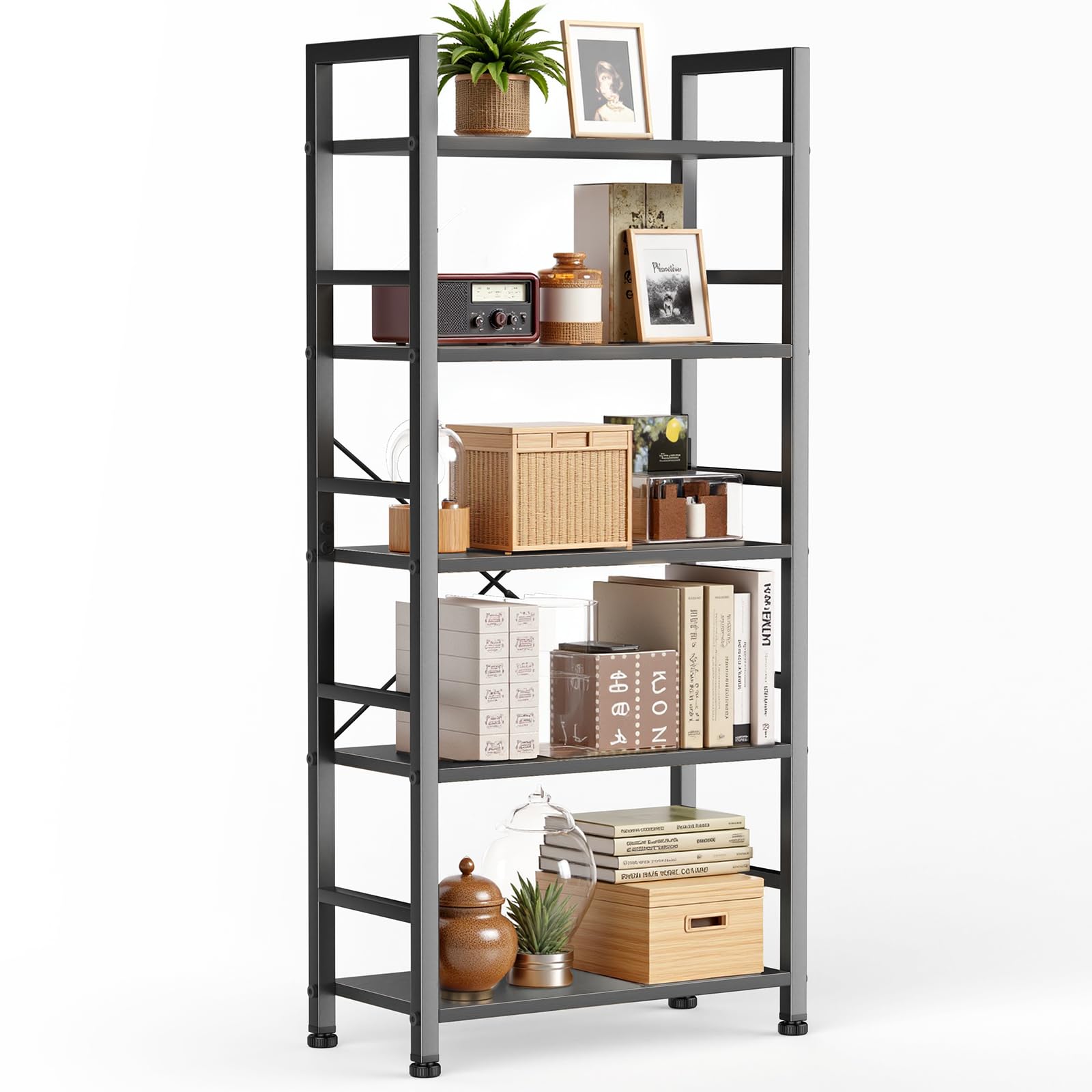 Sweetcrispy 5 Tiers Bookshelf, Classical Modern Book Shelf, Tall Display Shelves in Living Room, Home, Office, Storage Organizer for CDs, Books, Movies, Black