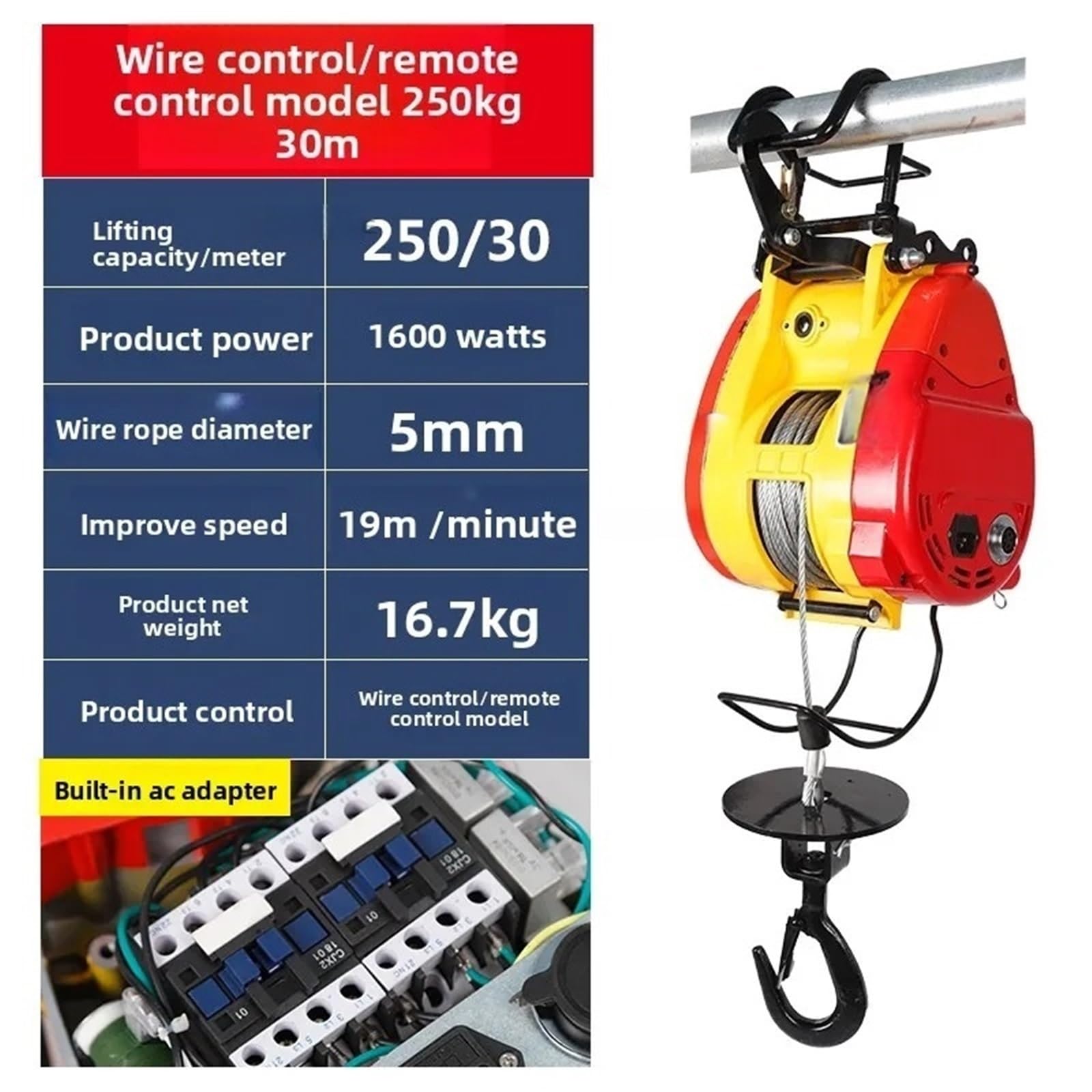 Grúa De Elevación Con Cabrestante 220V, Instalación Doméstica, Pequeña, Mini Polipasto Eléctrico Portátil Y Montacargas eléctrico(250kg-30m-B)