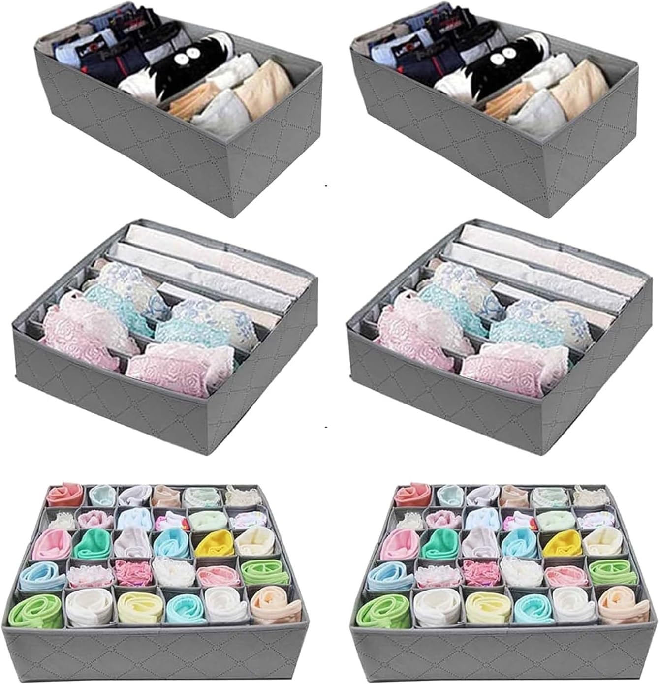 Breezenest Grey 6Pcs Drawer Organisers Set, Bra & Underwear Organiser For Drawers Foldable Bamboo Charcoal Fabric Storage Boxes Wardrobe Dividers For Bras, Socks, Ties, Accessories