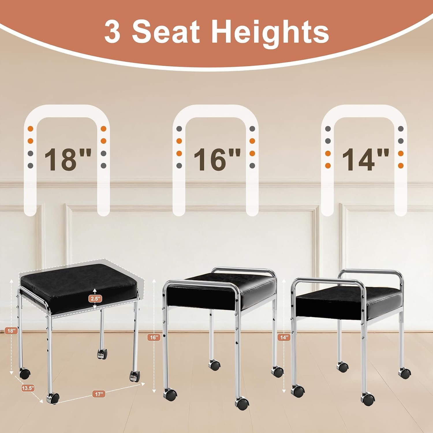 Short Stool with Wheels, Rolling Vanity Stool, Chrome Frame, Clean Leather, Soft Cushioned Seat