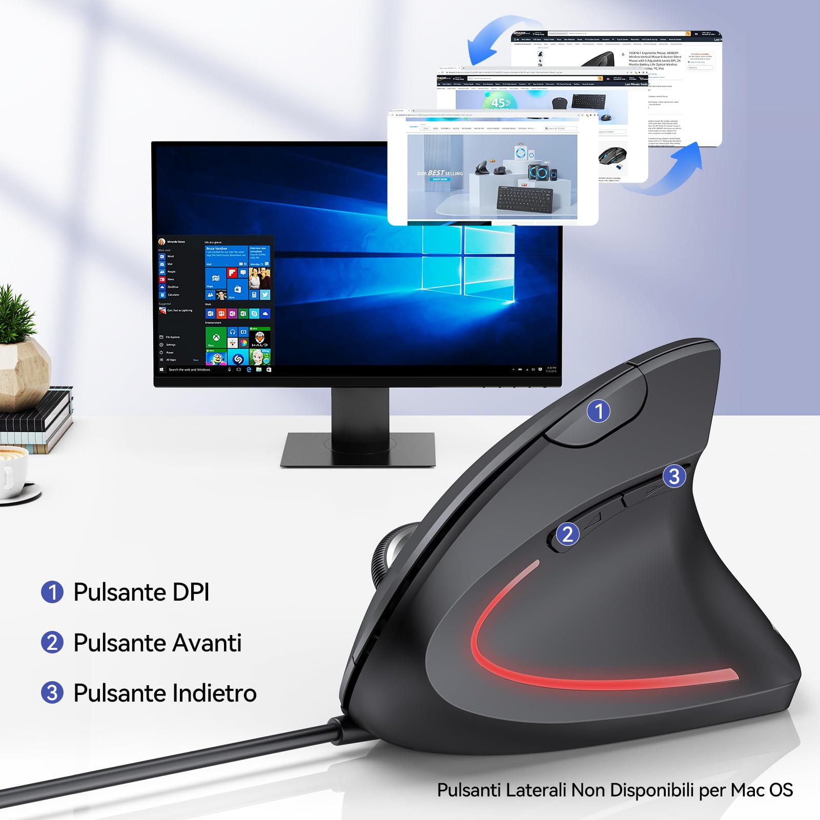 TECKNET Mouse Verticale Cablato, 6400 DPI Mouse Ergonomico con Filo | Protezione del Polso, Cavo USB 1,5 m, Mouse Silenzioso con 6 Pulsanti per PC, Laptop, Windows e Mac, Nero