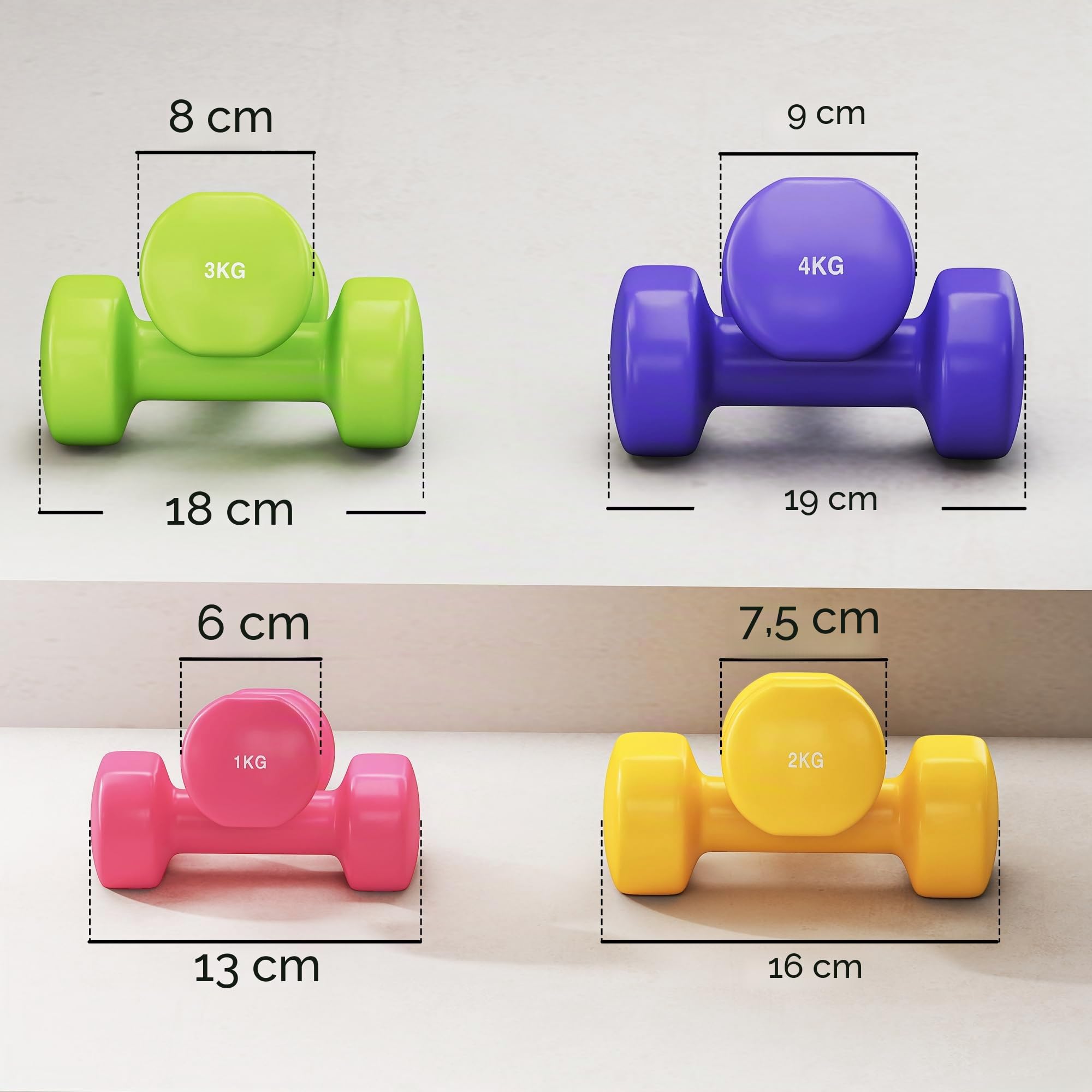 HOMCOM 20 kg Sechskant-Hantel-Set, 8 Stück, 1 kg – 4 kg, mit PU-Beschichtung, für Zuhause, Fitnessstudio, Stahl, mehrfarbig | Gym Kurzhanteln 1 kg - 4 kg PU beschichtet Stahl