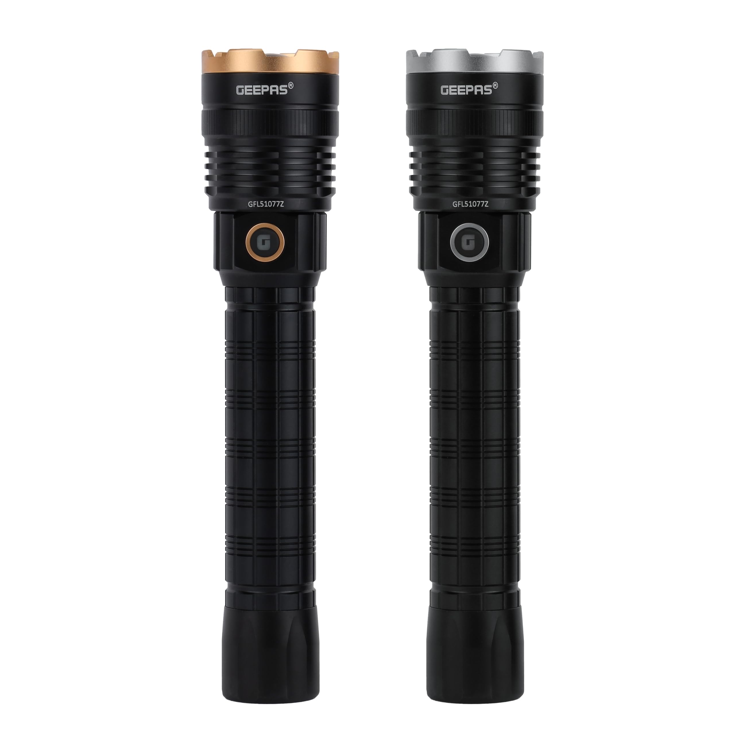 Geepas 2 Pcs Rechargeable Water Proof Led Flashlight 3000 Mah Super Bright Light Rechargeable Flashlight Aluminum Body, Water Proof, Highly Durable Cree Led Lights, Silver, Gfl51077