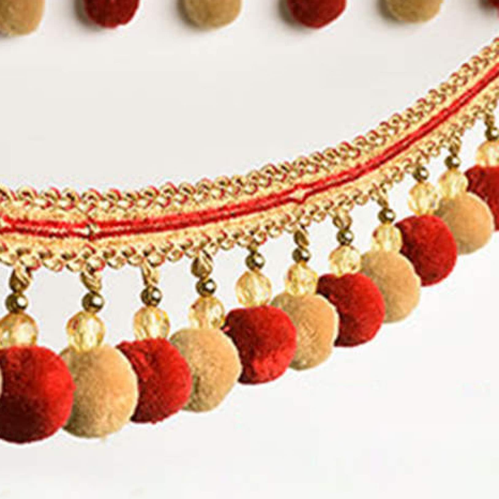 Garniture à franges à pompons, 2 mètres de galon tressé à franges for rideaux, couture, décoration de canapé, pompon, boules suspendues, garniture, pendentif, bordure, ruban perlé(Red+yellow)