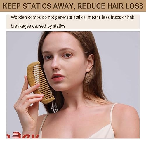 Miniatura 4 de Paquete de 2 peines de madera, peine de dientes anchos para cabello ondulado, dientes finos para barba y cabello fino, sándalo verde