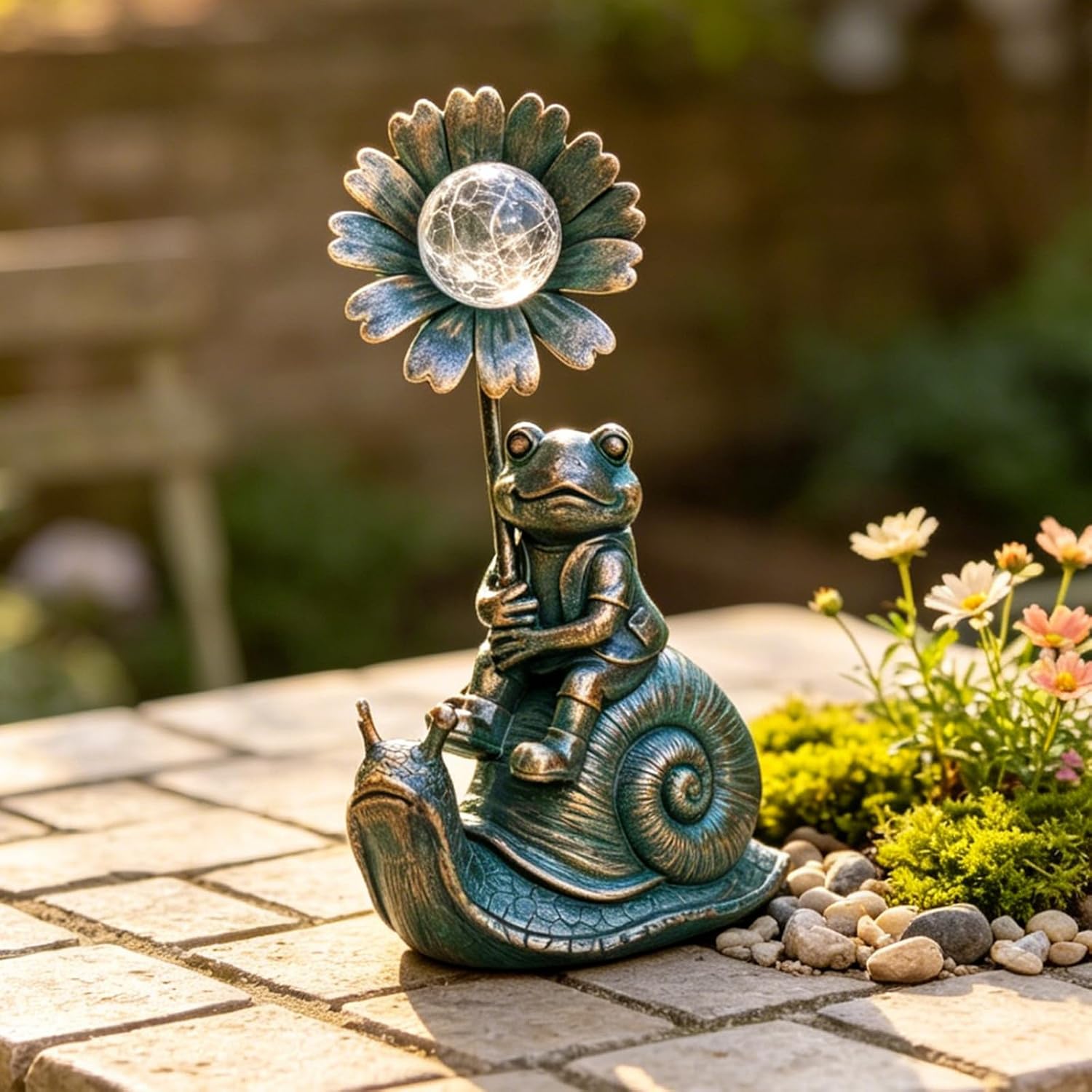 Solar Powered Frog on Snail Sculpture with Iron Flower & Glass Ball, Outdoor Garden Accent