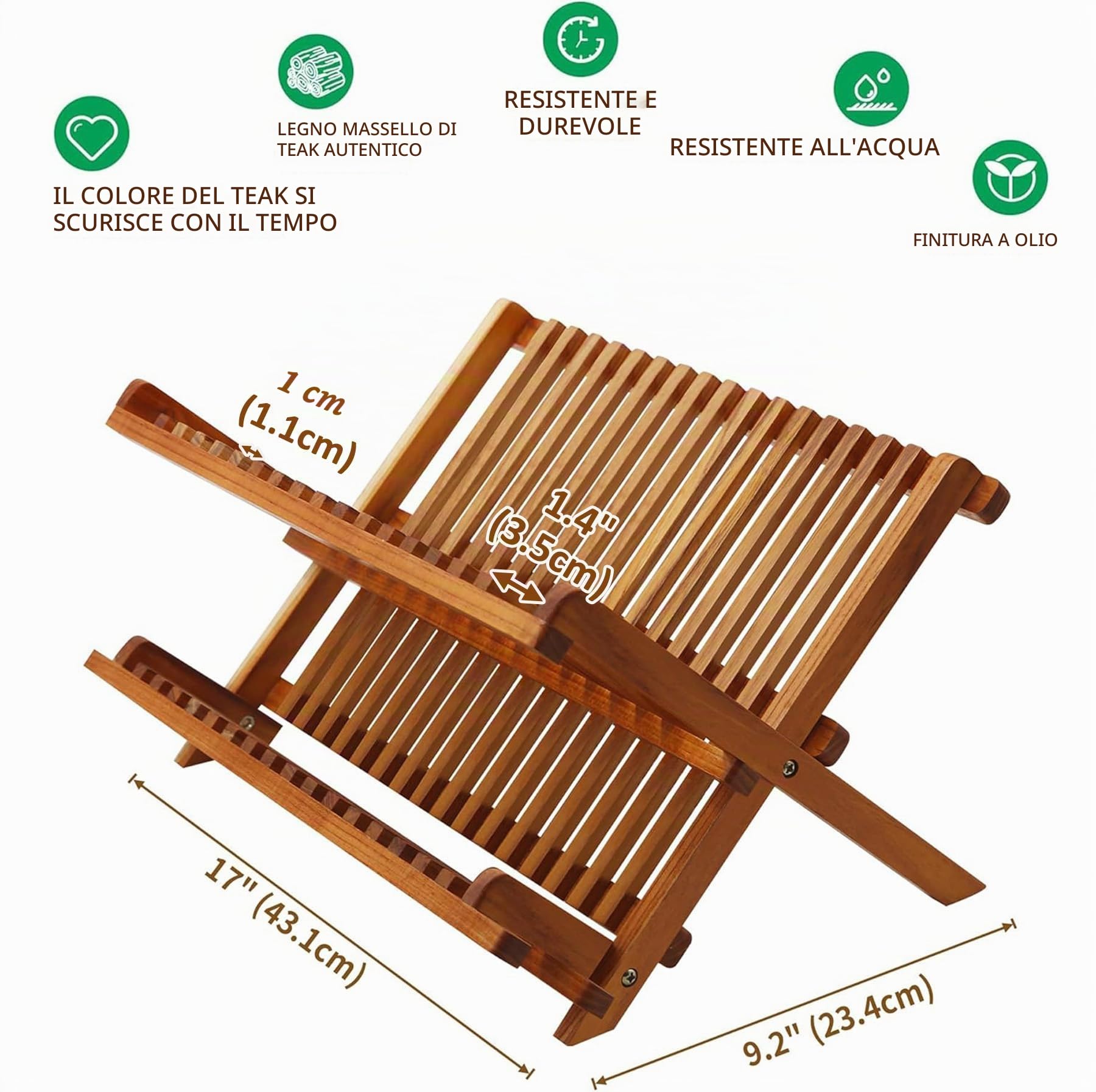 Utoplike Scolapiatti pieghevole in teak, a 2 ripiani, scolapiatti pieghevole, organizer per piatti da cucina, compatto