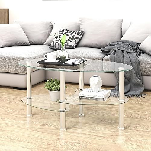 Miniatura 8 de Mesa de centro con almacenamiento, mesa para sala de estar, moderna mesa de centro de vidrio de 3 capas, mesa de centro ovalada para sala de estar