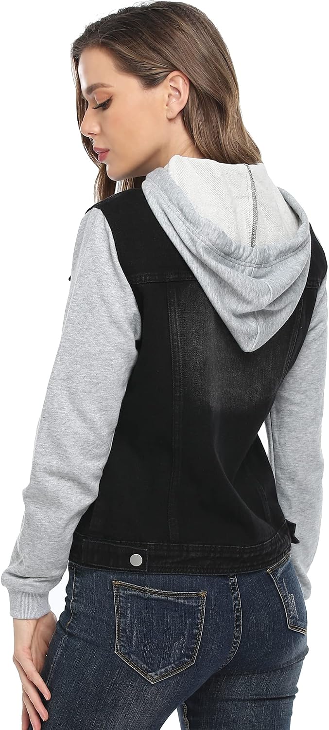 MISS MOLY Women's Layered Drawstring Casual Hoodie Denim Jackets Jean Jacket Coat w Pockets