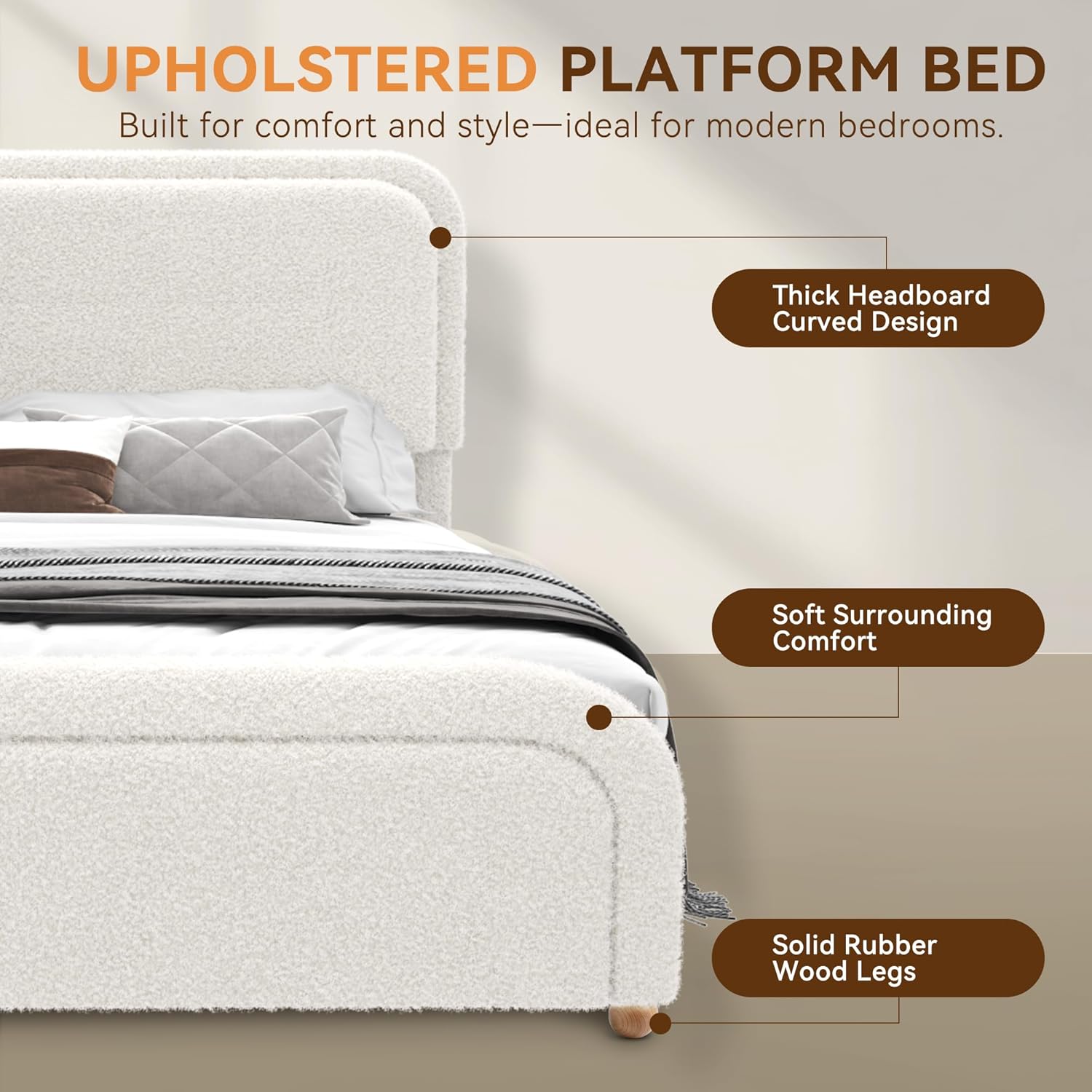 Cloud Full Size Bed Frame, Boucle Upholstered Platform Bed with Adjustable Headboard, Anti-Collision Soft Rounded Corners, Metal Support, No Box Spring Required, Noise Free, Easy Assembly, Cream