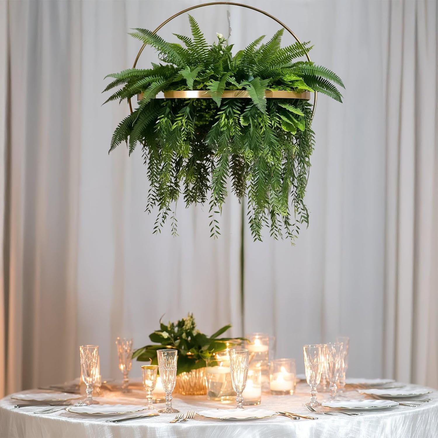 Efavormart 42-Inch Long Hanging Faux Fern Greenery Chandelier with 24-Inch Gold Hoop Ring, Lush Ceiling Decor for Luxury Wedding Reception and Events