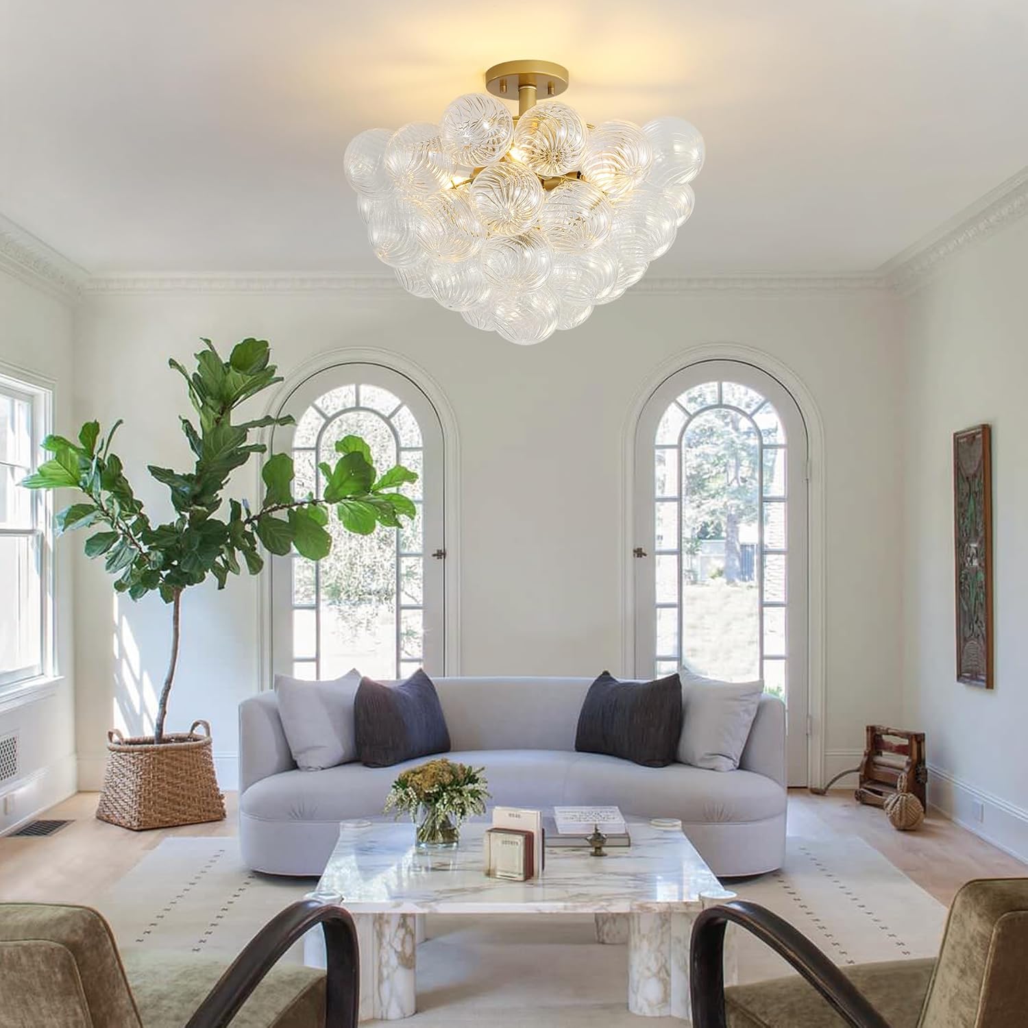 Semi Flush Mount Bubble Ball Chandelier 26pcs Ball Clear Swirled Ribbed Blown Glass Globe Gold Chandeliers Ceiling Light Fixture Dia 20" for Dining Living Room Bedroom Bathroom