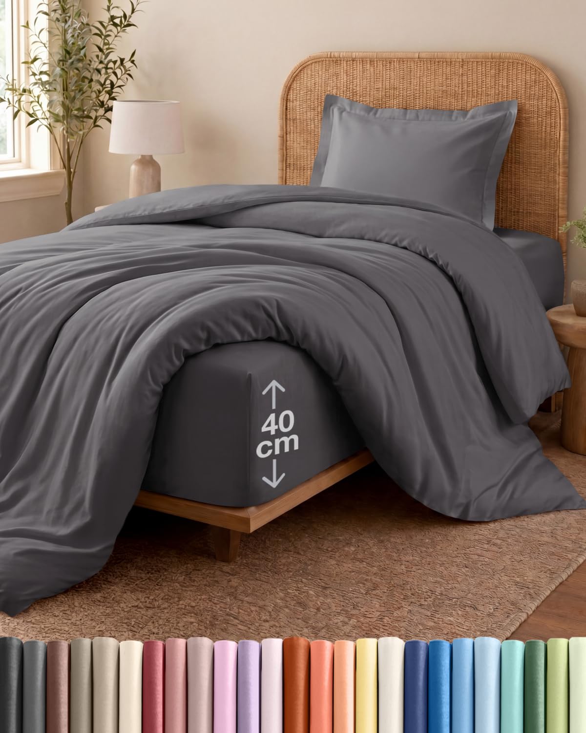 3 Piece Single Bed Dark Grey Duvet Cover Set - Duvet Cover & Fitted Sheet, 1 Pillowcase - 135x200cm + 90x190cm 40cm / 16" - Microfibre - Soft, Wrinkle & Fade Resistant - OEKO-TEX Certified