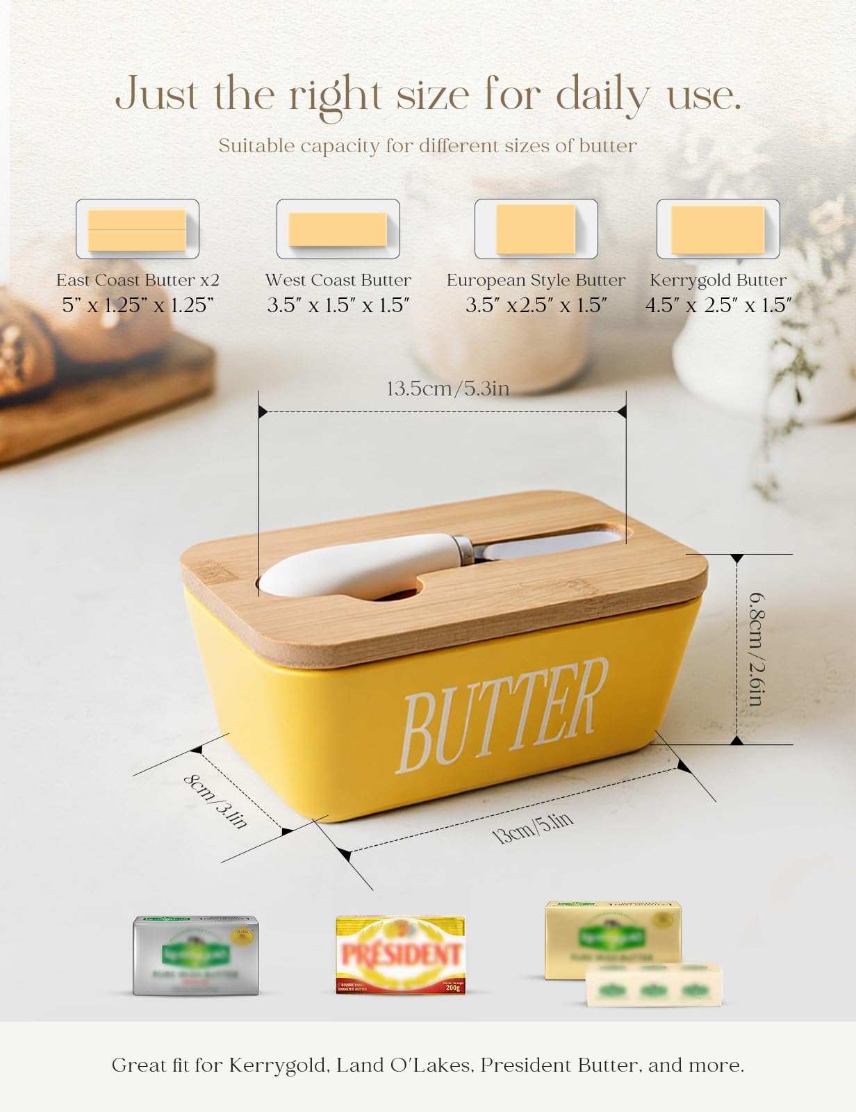 Ceramic Butter Dish with Lid and Knife Silicone Seal for Countertop Yellow