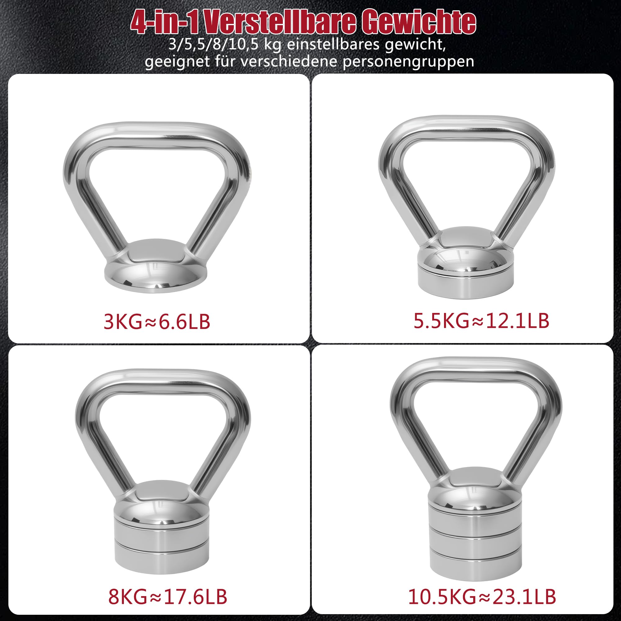 bimiti Kettlebell regolabile da 10 kg, set 4 in 1 | Kettlebell regolabile da 3/5/8/10 kg, per allenamento completo del corpo a casa o in palestra