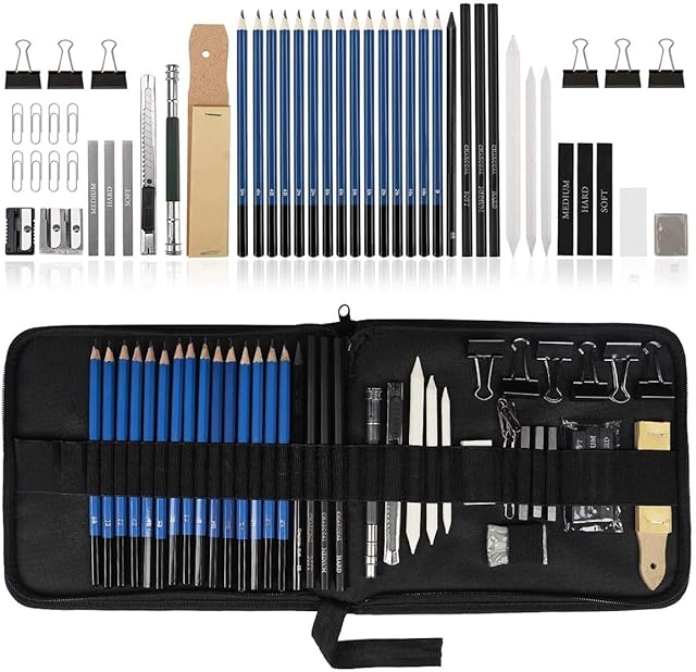 Sketch Drawing Pencil Set, UlifeME 50pcs Sketching Pencils Art Supplies Kit, Charcoal Pencils, Graphite Pencils, Eraser, Drawing Tools for Artist, Beginners, Children & Adults, Packed with Canvas Bag