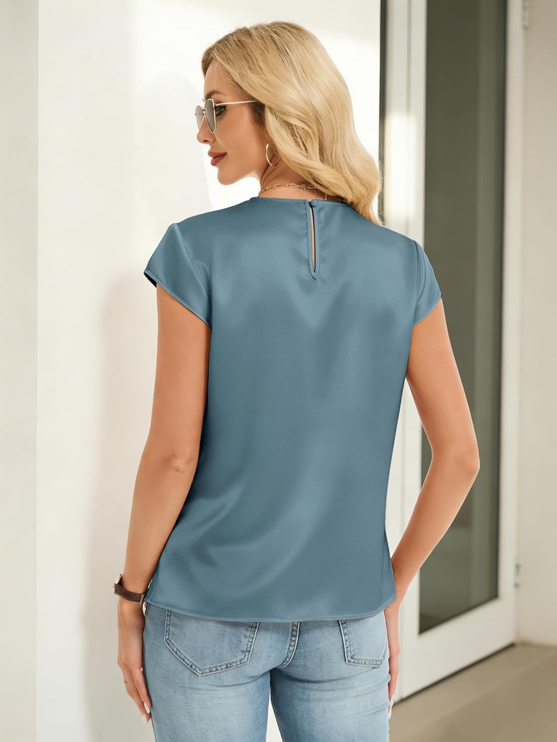 Funlingo Women's Silk Satin Blouse Summer Dressy Casual Cap Short Sleeve Tops Crew Neck Front Pleated Work Shirts - Image 4