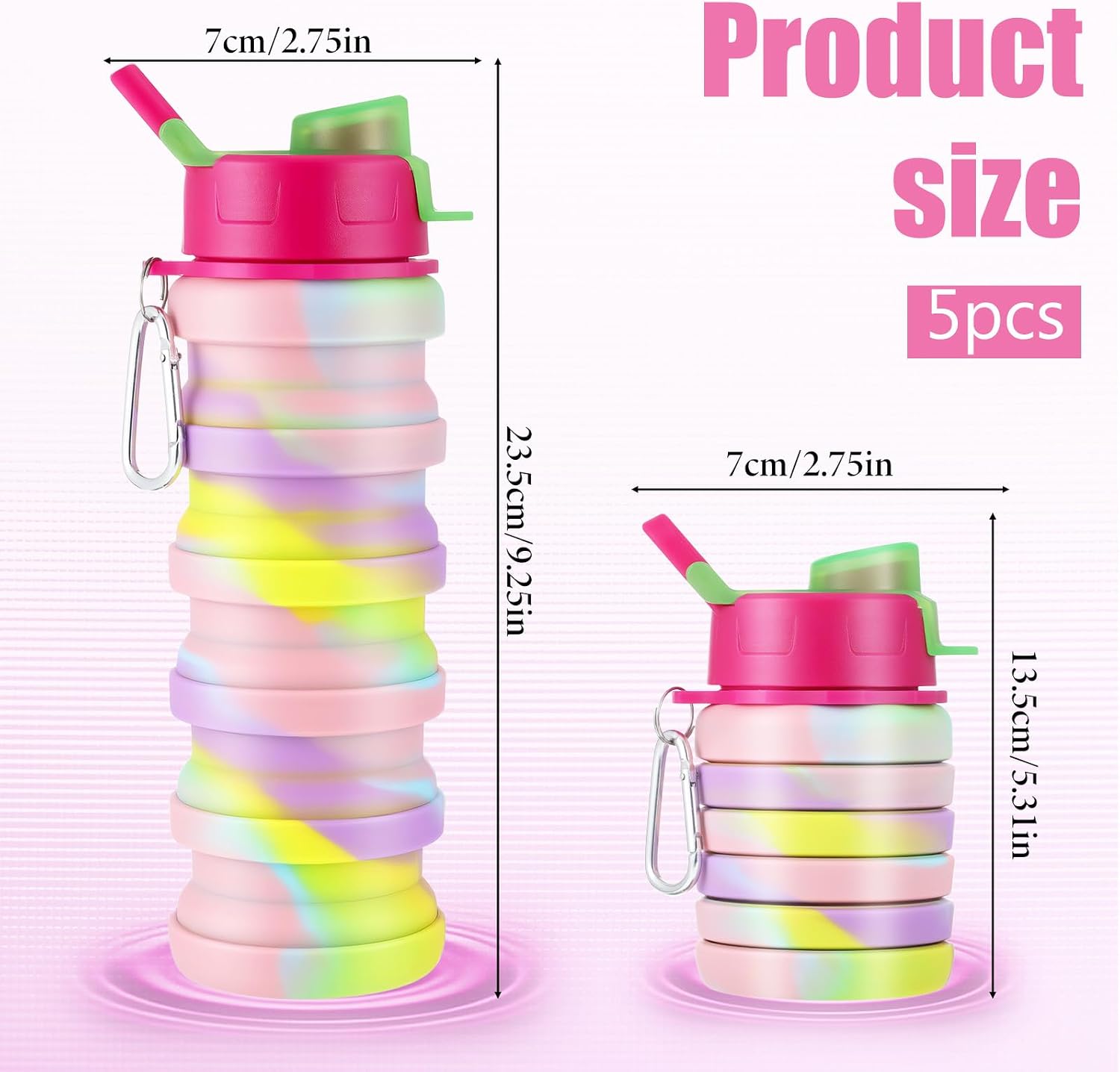 5 Pcs Collapsibles Water Bottles, 16 oz Portable Foldable Water Bottle with Metal Clip Silicone Leakproof Travel Waters Bottle Reusable Sports Waters Bottles for Travel Camping Hiking Cycling