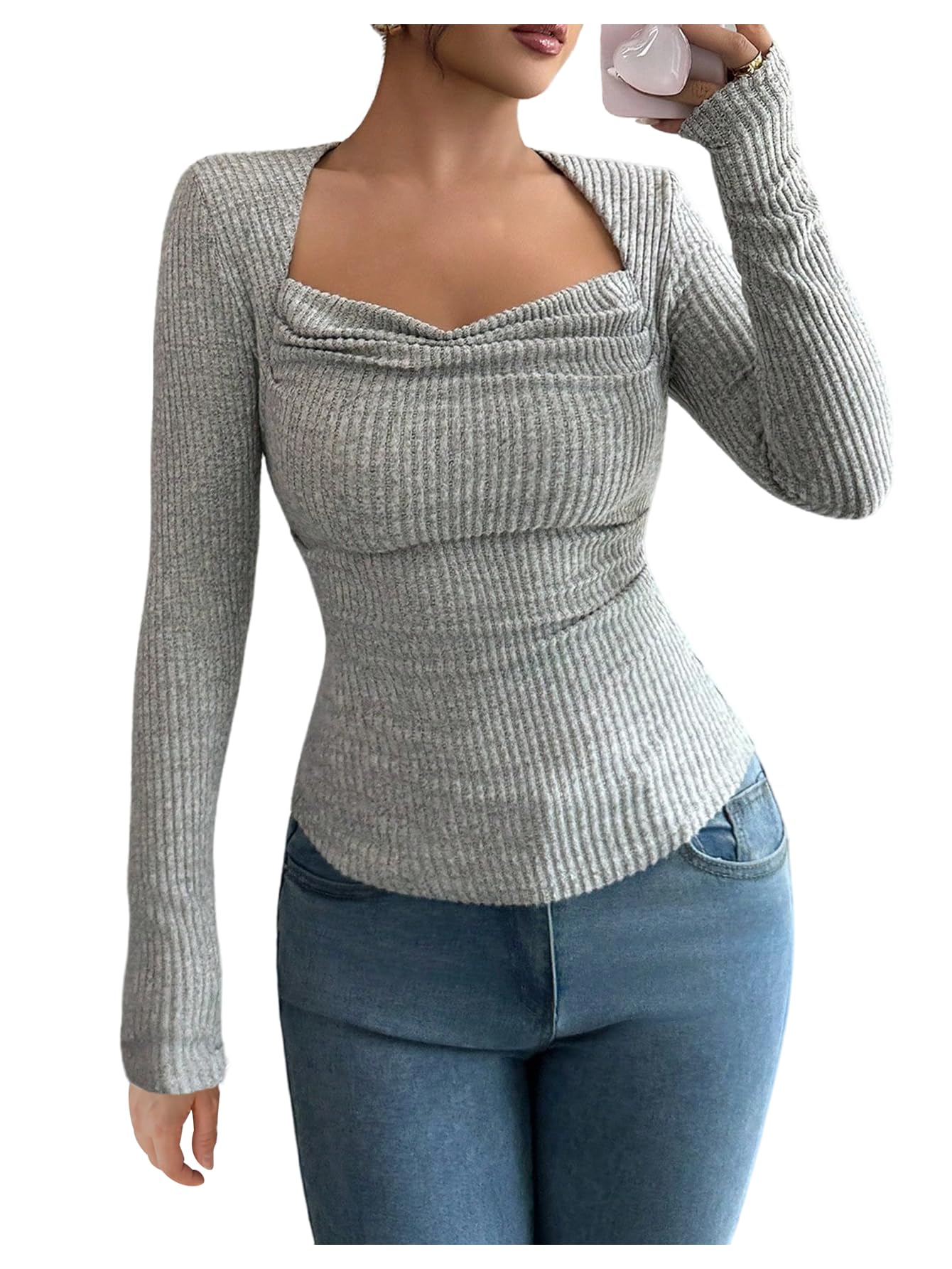 Women's Long Sleeve Cowl Neck Shirts Draped Slim Fit Y2k Going Out Tops Blouses