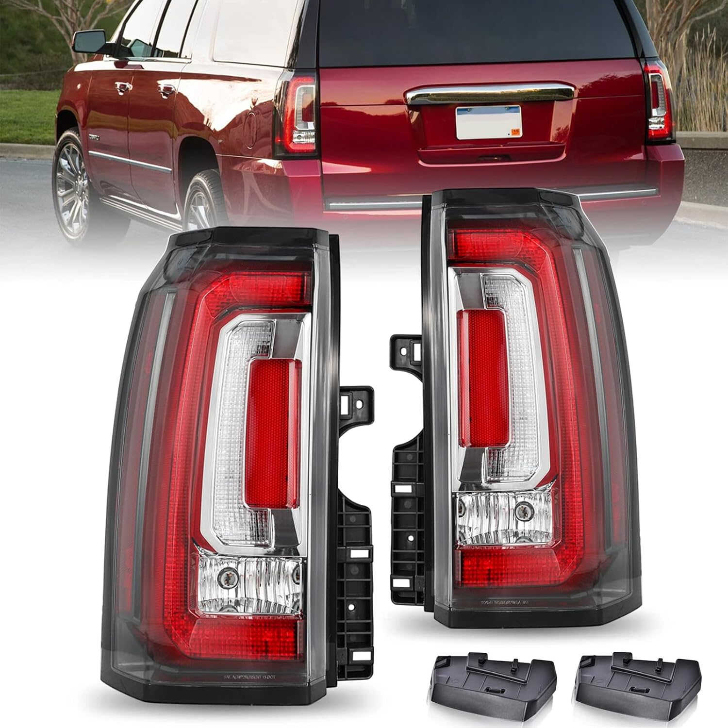 LED Tail Lights Assembly, For GMC Yukon Yukon XL Denali SLT 2015 2016 2017 2018 2019 2020 Taillights Rear Brake Lamps, Driver And Right Passenger Side With Bulbs Both Lights, Red Clear Lens