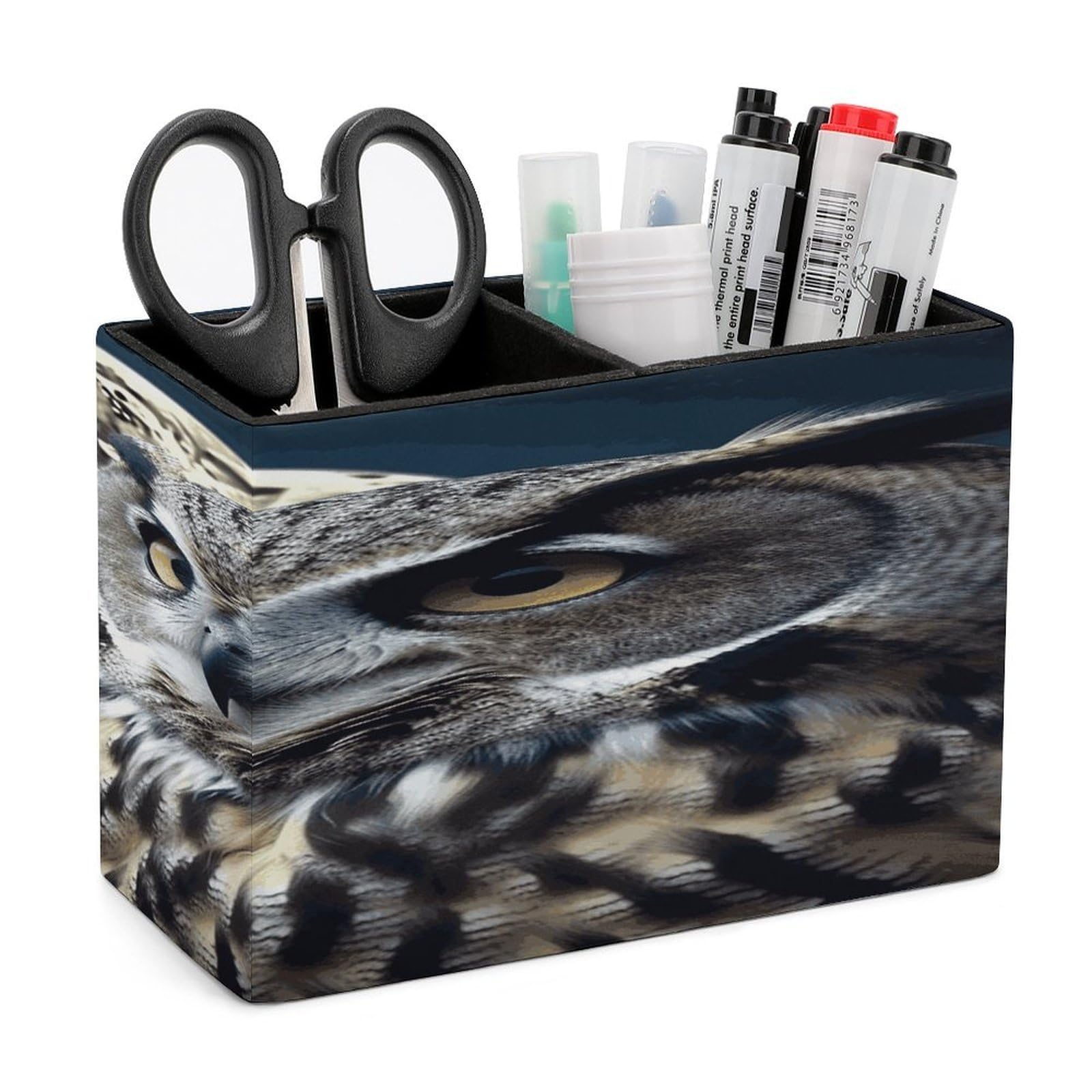 FekiLoot PU Leather Owl And Moon Pen Holder for Desk 2 Compartments Desktop Stationary Organizer Rectangle Table Pencil Cup Stand Desktop Stationery Organizer Case for Office Home