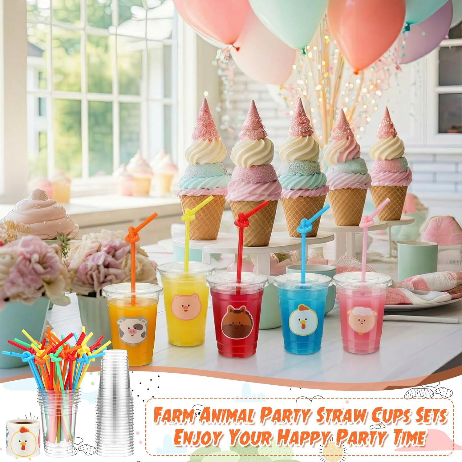 100 Sets Farm Jungle Safari Animal Themed Party - Cup with Flat Lids and Straws 12 oz Plastic Clear Drink Disposable Cups Farm Theme Birthday Party Summer Holiday Supplies - Image 6