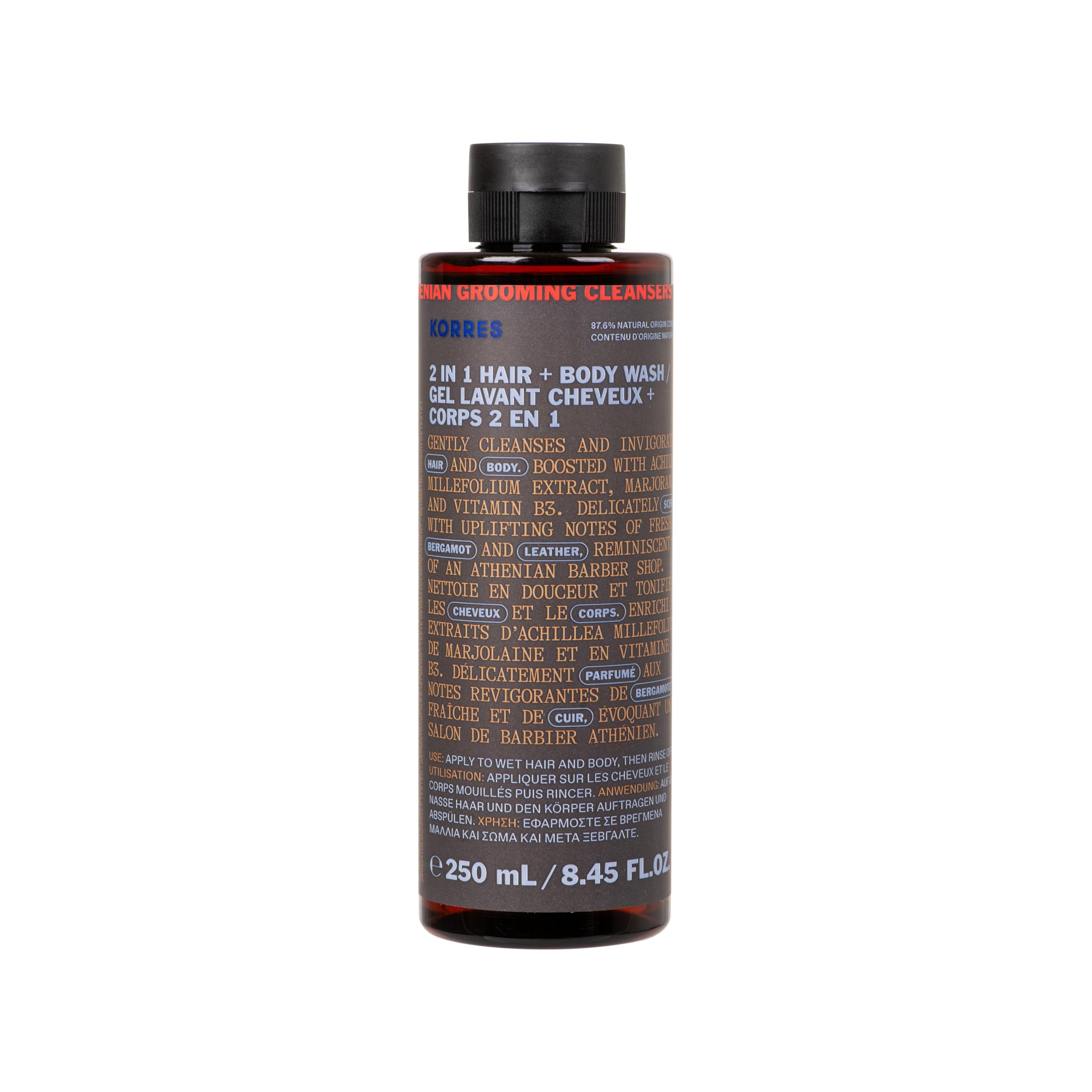 KORRES ATHENIAN GROOMING 2-in-1 Shampoo and Shower Gel for Men, Moisturising and Detangling, with Invigorating Notes of Fresh Bergamot and Leather, Silicone and Paraben Free, 250 ml