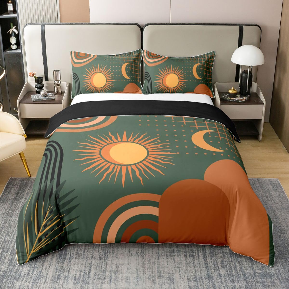 Homewish Geometryczny zestaw pościeli na łóżko podwójne z połowy wieku z 2 poszewkami na poduszki - słońce i księżyc boho geometryczna bawełniana poszewka na kołdrę boho abstrakcyjne linie poszewka na