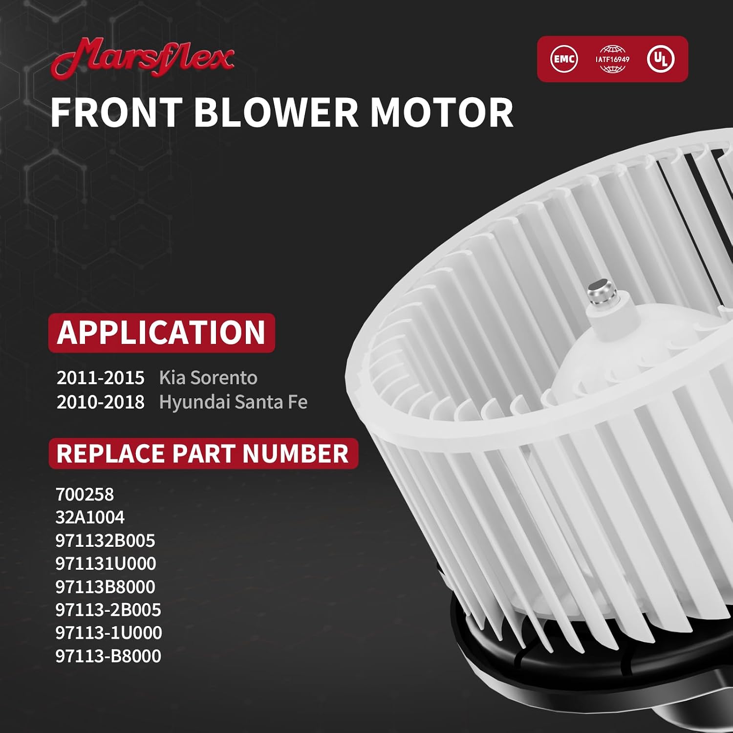 Marsflex Front Blower Motor 700258 for 2010-2018 Kia Hyundai Sorento Santa Fe 2011 2012 2013 2014 2015 2016 2017 Automotive Replacement Blower Motor Fan OE:971132B005 971131U000