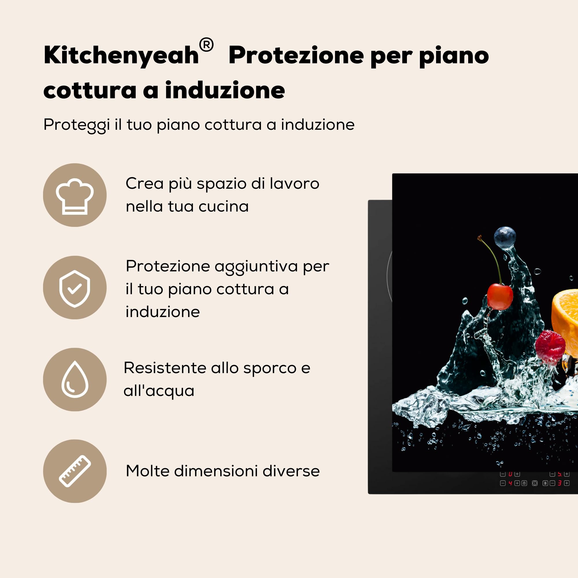 KitchenYeah© Protezione Piano Cottura Tappetino per Induzione Cucina | 57x51 cm - Proteggi Coprifornello Antiscivolo Acqua - Frutta - Arancia - Fragola - Ciliegia - Nero