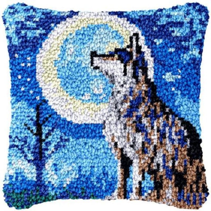 Latch Hook Kits Pillow Cover for Beginner Wolf and Moon Color Printed Canvas Yarn Crocheting Carpet Cushion Embroidery Hook and Latch Pillowcase Sofa Decoration 43x43cm 5