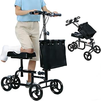 All Terrain Foldable Knee Scooter Walker - Adjustable Medical Crutch Alternative with Storage Bag & Shock Absorption, Ideal for Foot, Ankle, or Leg Injuries Black