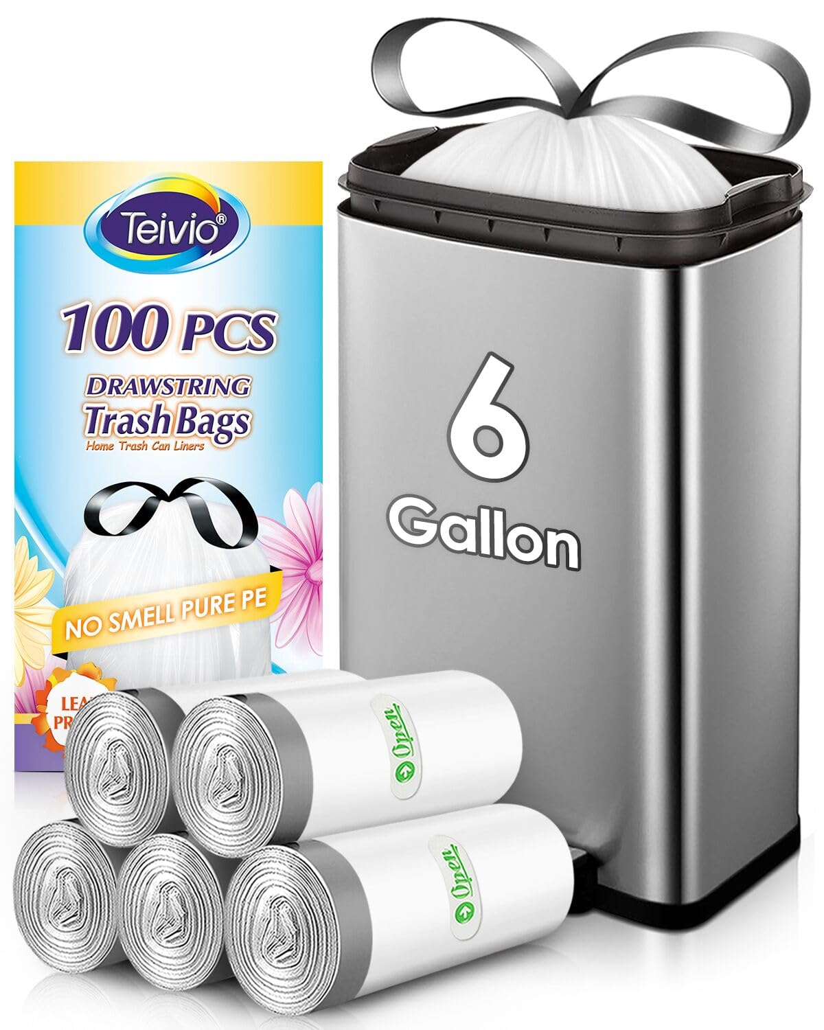 6 Gallon 100pcs Strong Drawstring Trash Bags Garbage Bags by Teivio, Bathroom Trash Can Bin Liners, Plastic Bags for home office kitchen, White