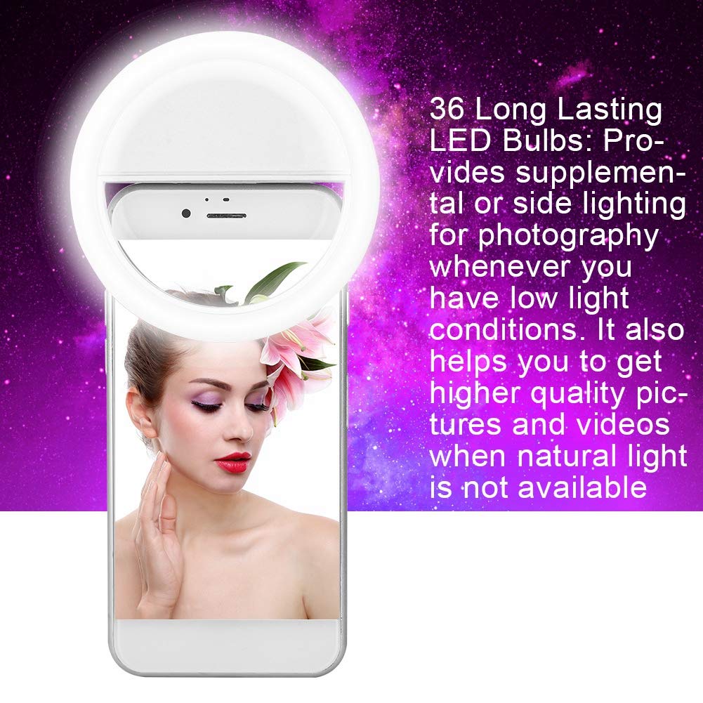 Vbestlife Pierścień świetlny do selfie, LED mini przenośny pierścień świetlny 3 poziomy jasności świecący okrągły klips do lampy telefonu komórkowego oświetlenie nocne (białe)