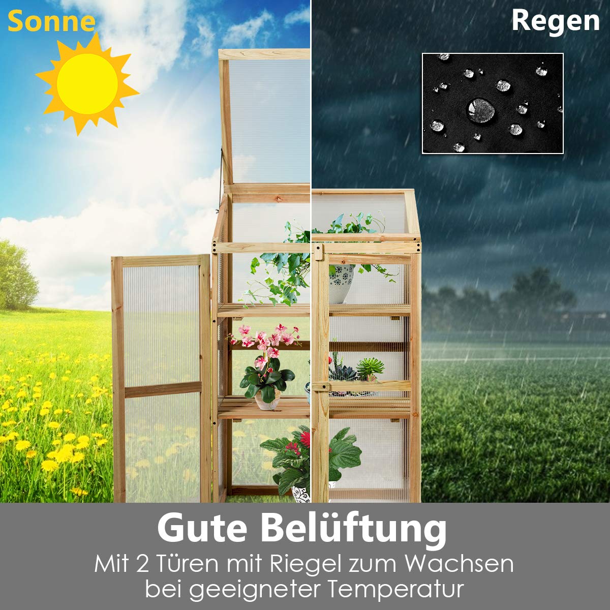COSTWAY 3 Etagen Frühbeet Holz, Hochbeet wetterfest, Gewächshaus mit 2 Türen & Deckel, Polycarbonat-Fenster, Pflanzenbeet Aufzuchtschrank Treibhaus, für Garten Balkon, 60 x 45 x 100 cm, Natur
