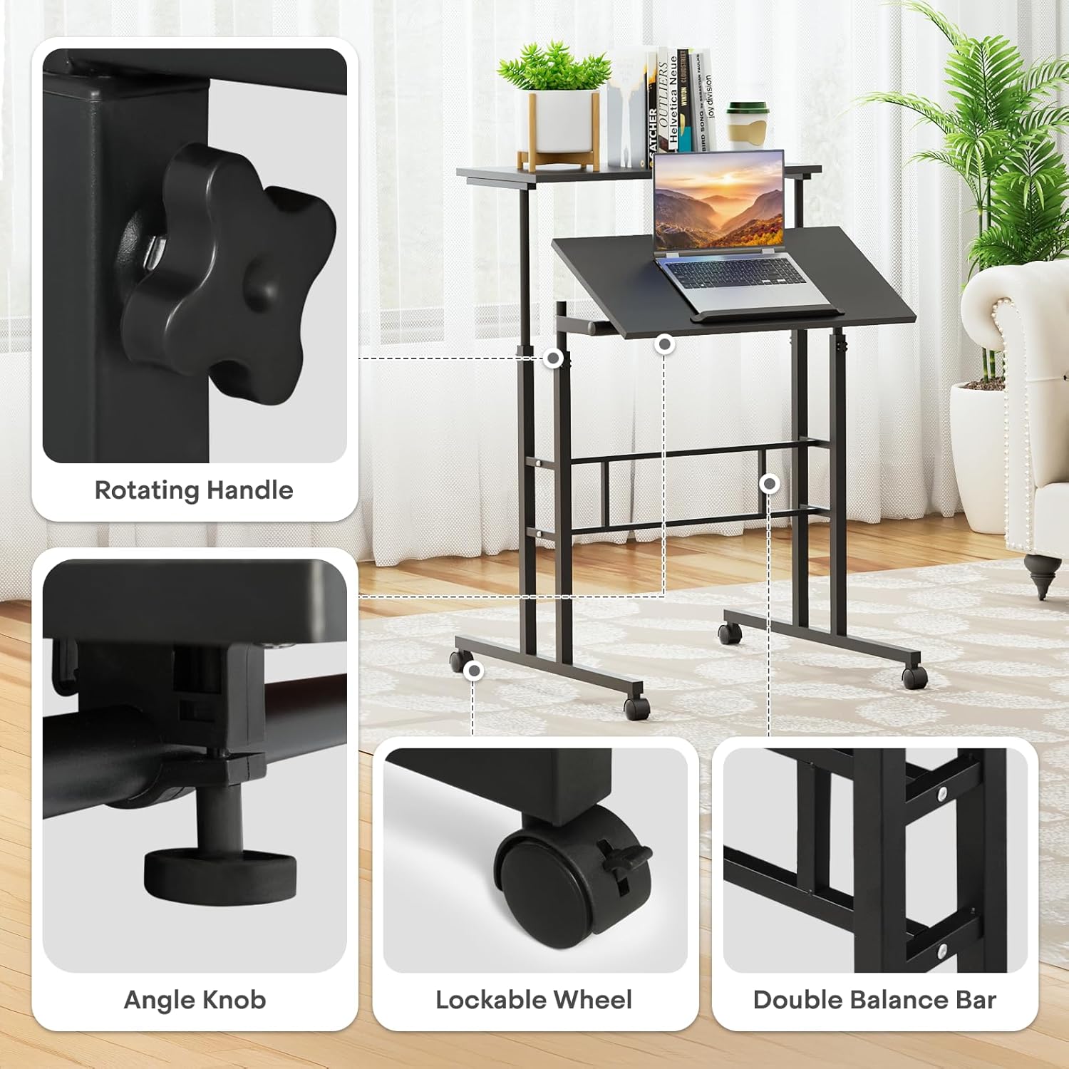 Athena Collection Height Adjustable Rolling Desk Mobile Portable Laptop Stand Cart Small Sit Standing Desk Computer Table Workstation for Home Office, Black