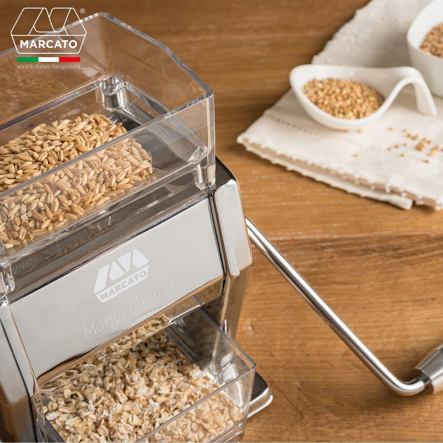 Marcato Marga Mühle für Getreide, Getreidemühle, hausgemachte Mehlmaschine, aus Stahl und Aluminium, 6 Mahlpositionen, 2 Oberflächen für Flocken oder Mehl, hergestellt in Italien