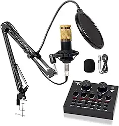Microfone Condensador, Kit Microfone Condensador com Placa de Som e Braço Articulado e Pop Filter para Transmissão Ao Vivo, Podcast, Gravação de Audio