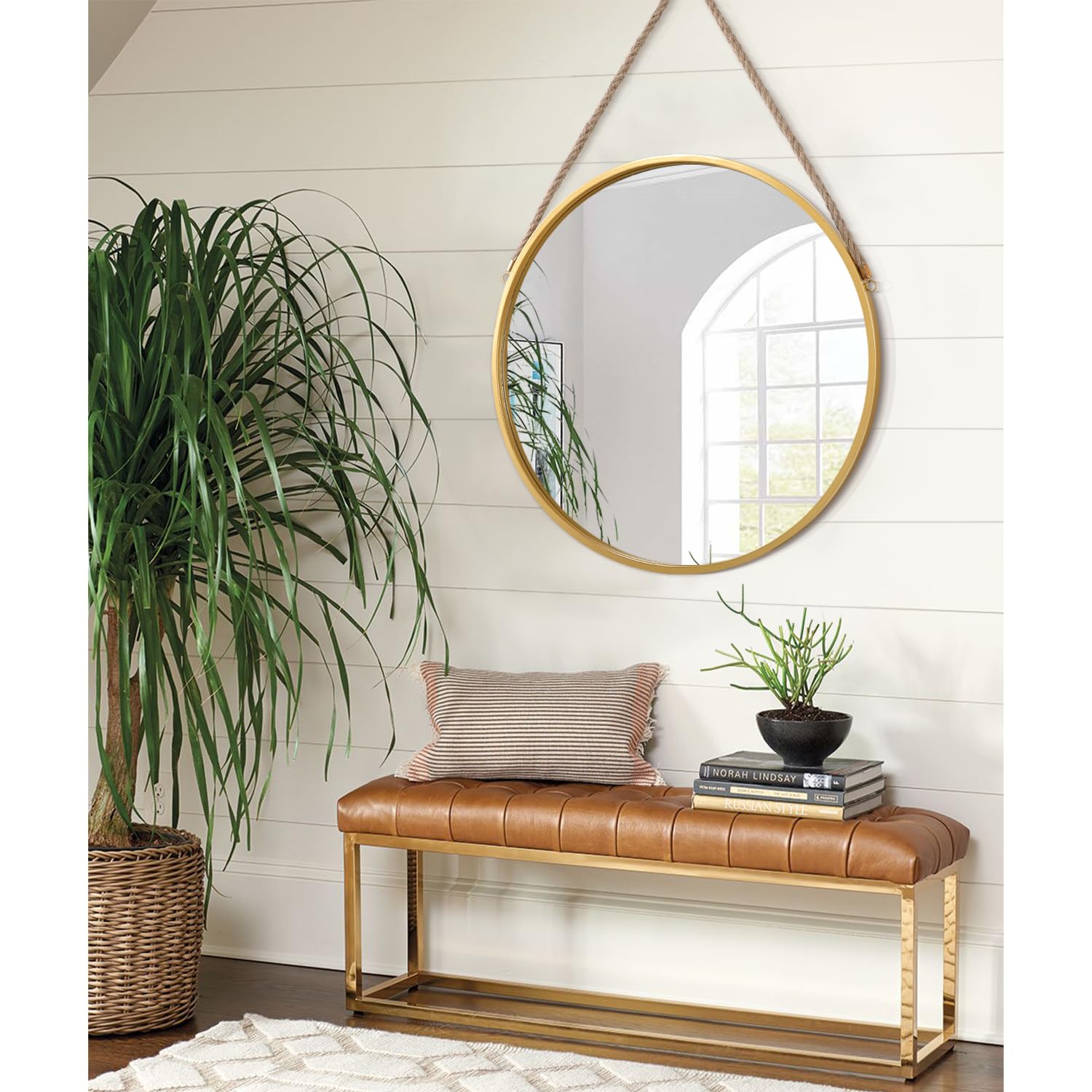 Lzuso Round Hanging Mirror Metal Frame Modern Artistic Circle Mirrors with Rope for Bathroom Bedroom Living Room Gold Wall Decorative 45x45cm - Image 4