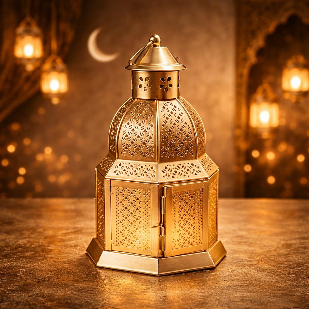 AGAAS ENTERPRISES Elegant Gold Metal morracan Style Lantern with Intricate Cutwork Design – Hanging Decorative Candle Holder for Home, Garden & Festive Decor-image-3
