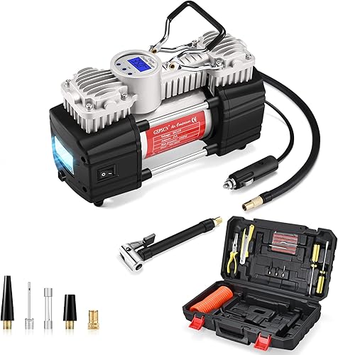 GSPSCN inflador de neumáticos portátil con compresor de aire con calibre digital, bomba de neumático de doble cilindro de 12 V 150 PSI con kit de