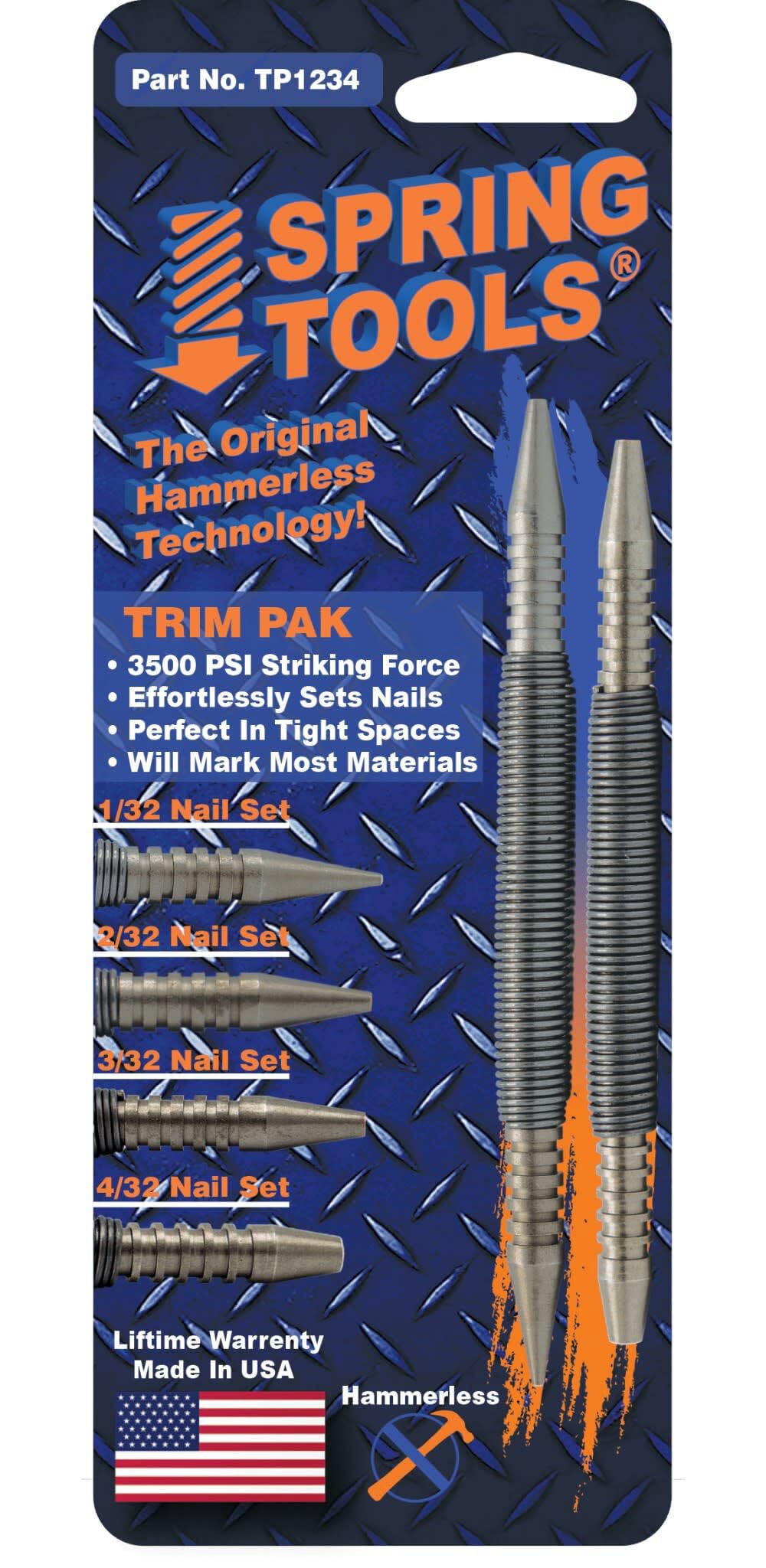 Spring Tools Professional 2-Piece Double Ended Trim Pak - 4 Nail Set Sizes (1/32" to 4/32") - Made in USA - Complete Trim & Finish Nail Set Kit - Nail Setter