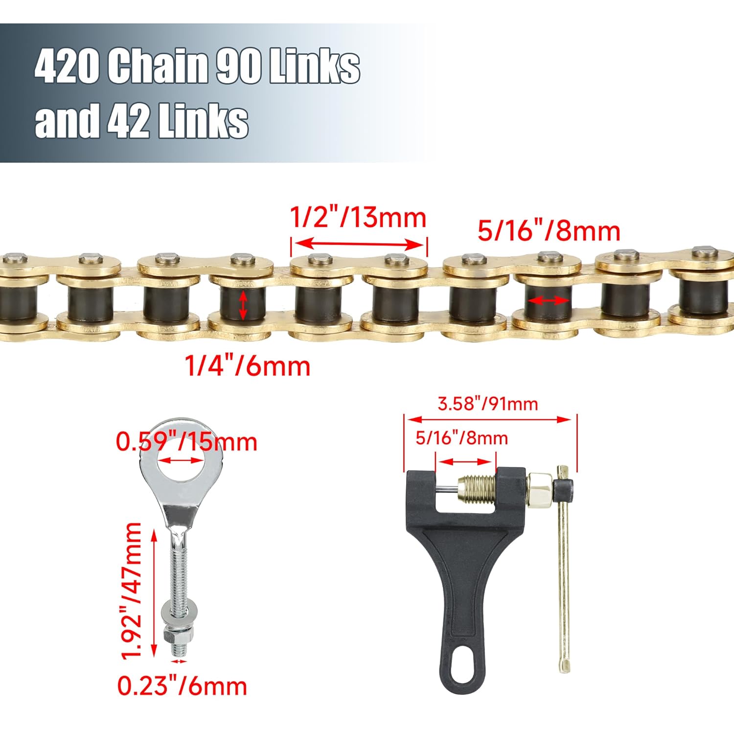 420 Gold Chain with Chain Tensioner Replacement for Coleman Mini Bike BT200X CT200U CT200U-EX Baja Warrior Massimo Heat MB200 Predator 212 196cc 6.5HP Parts Jackshaft 42 Links and Rear 90 Links
