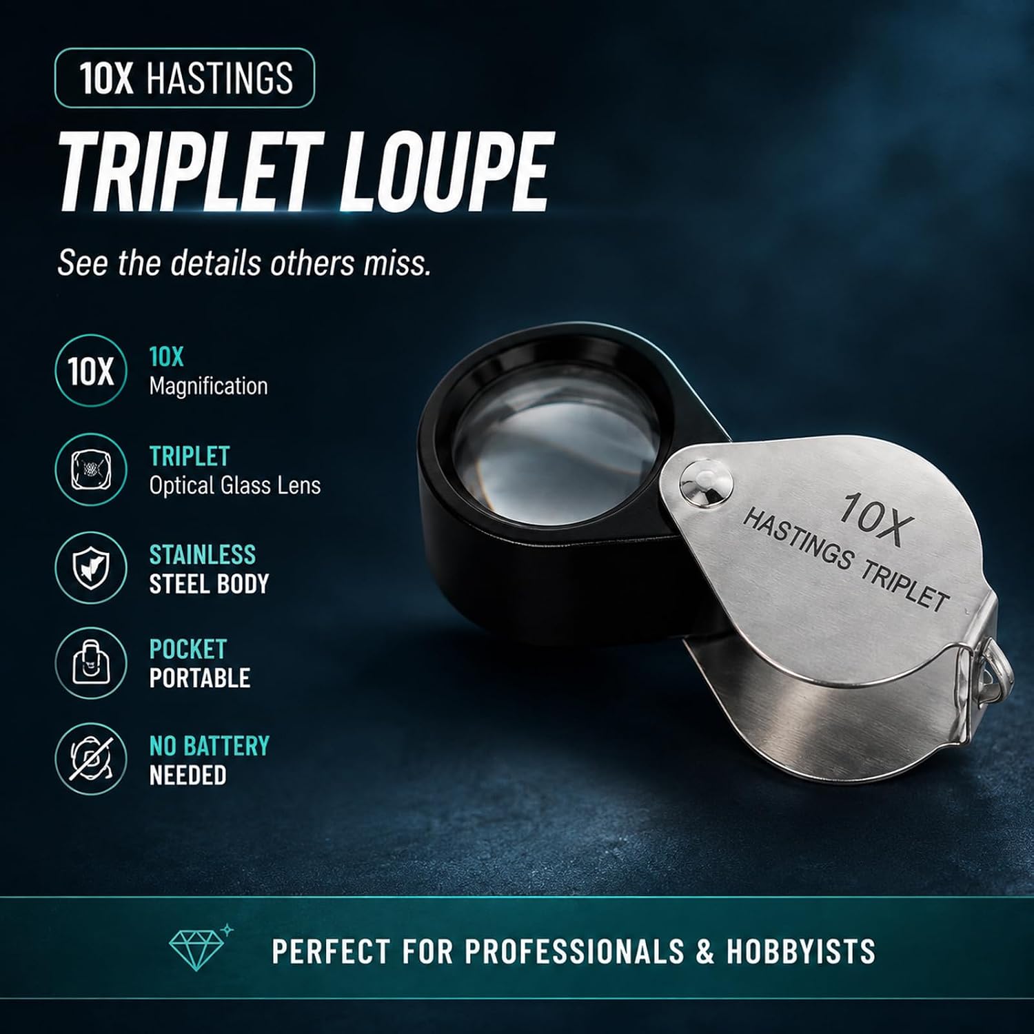 Hastings Triplet Loupe 10X Jeweler's Loupe with 16mm Triplet Lens Foldable Tiny Loupe Magnifier Gemstone Magnifying Tool with Cloth Bag for Jewelry, Diamond, Coins, Watches and Stamps image 2
