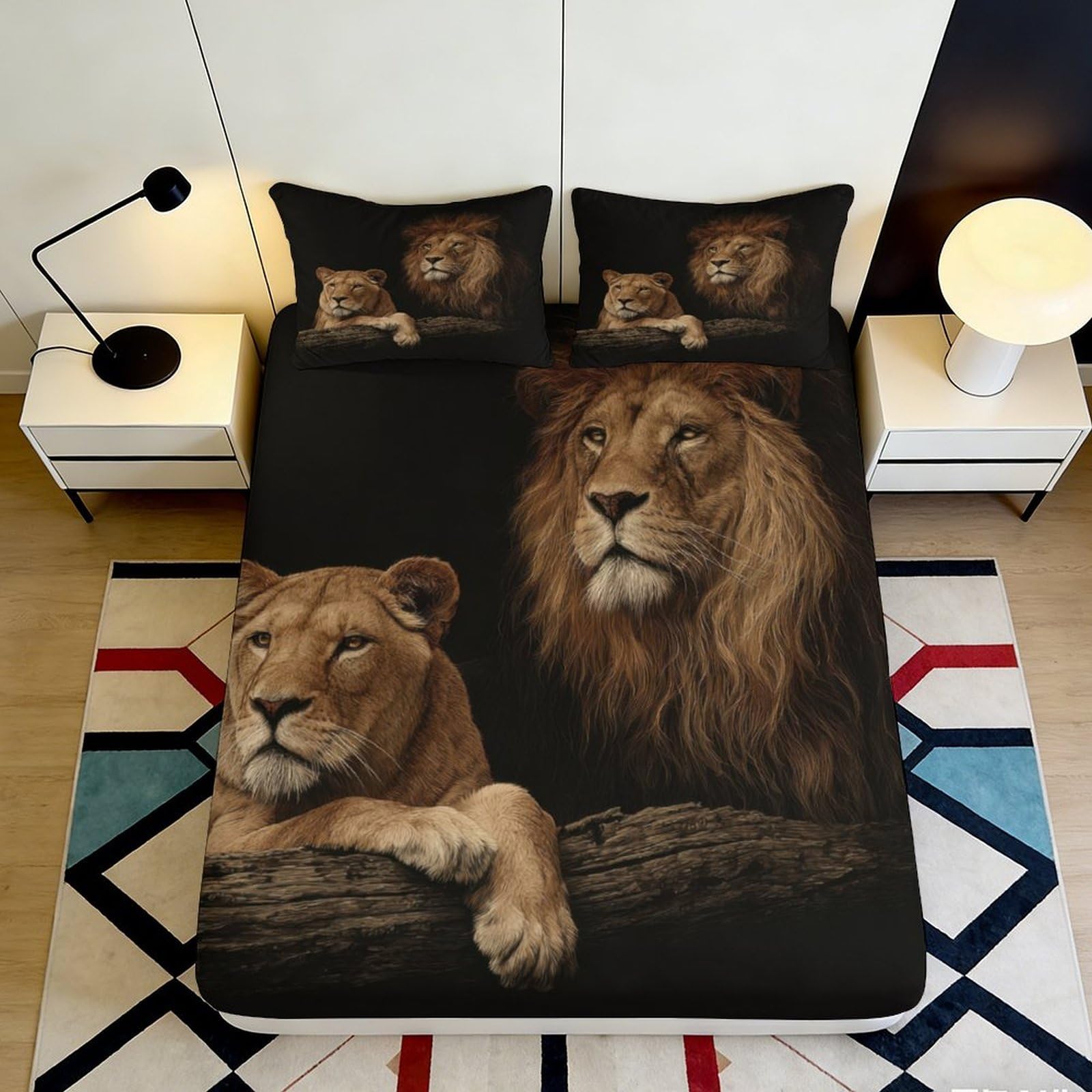 3D Printed Lion Couple Fitted Sheet Microfiber Soft Anti-Slip Mattress Cover for Bedroom Guest Room Decor 200x200x25cm