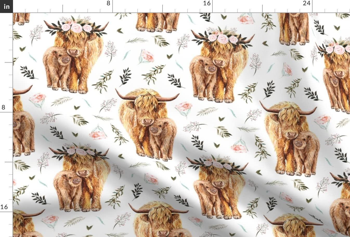 Spoonflower Fabric - Highland Cow Scottish Shaggy Floral Baby Calf Spring Cattle Printed on Petal Signature Cotton Fabric by The Yard - Sewing Quilting Apparel Crafts Decor