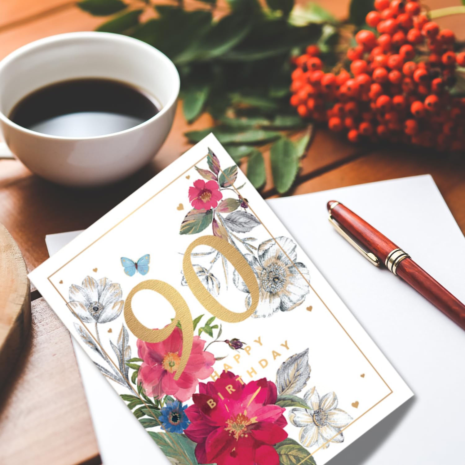 Words And Wishes Geburtstagskarte Zum 90. – Wunderschönes Blumendesign Mit Goldfolie Für Frauen