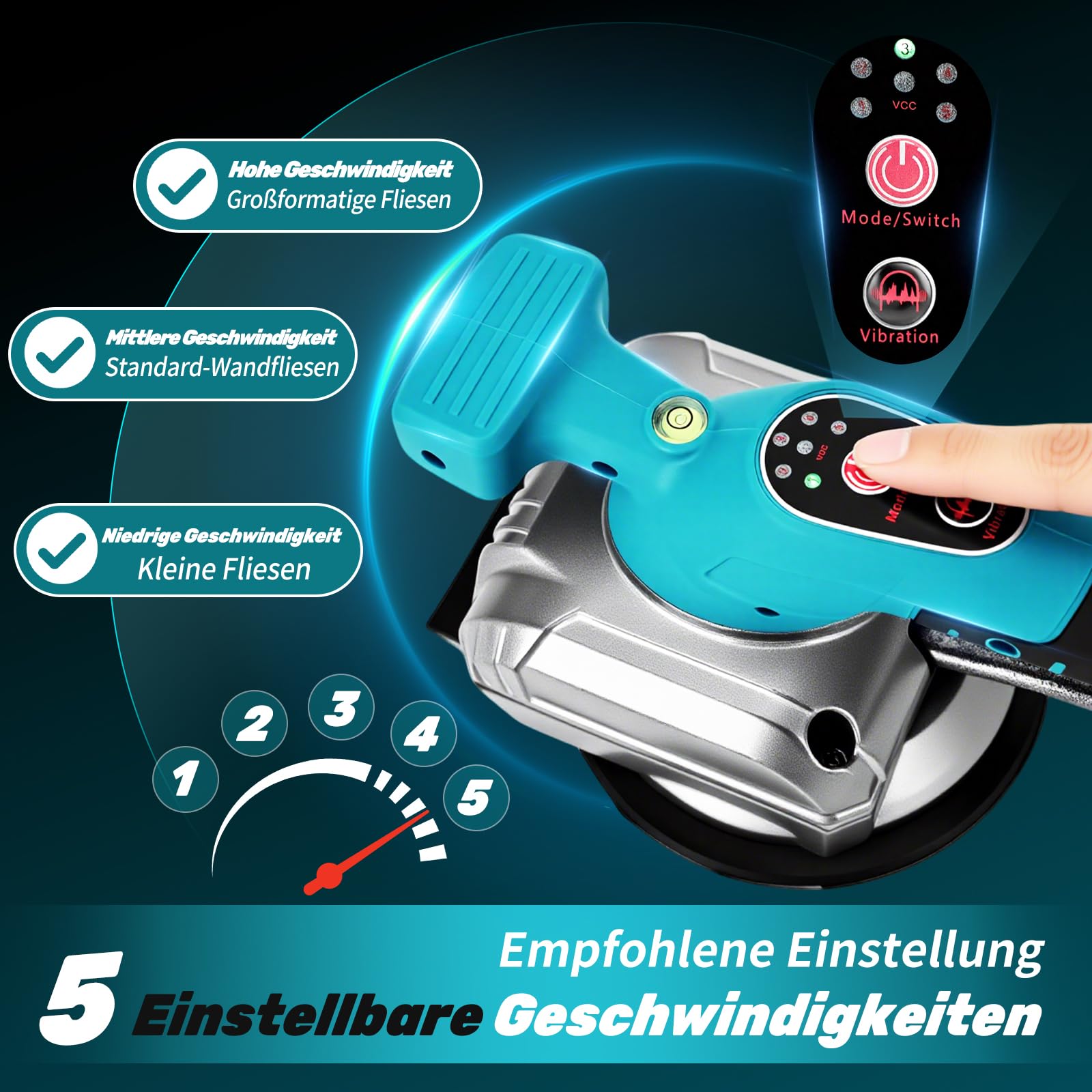YEARTOP 2-in-1 Fliesenrüttler Akku 125mm Saugnapf Kompatibel mit Makita 18V | Fliesen Vibrationsgerät für Fliesen/Marmor/Holz/ Gipsplatte, Max 12000 RPM 5 Gänge, 110LBS Saugheber mit 2x 2.0Ah Akkus