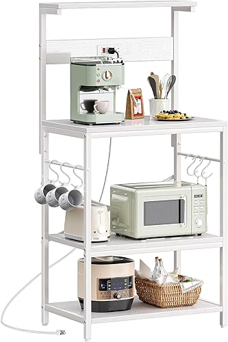 Miniatura 9 de SUPERJARE Estante para hornear de cocina con toma de corriente, mesa de café de 4 niveles, soporte de microondas de cocina con 6 ganchos en forma de